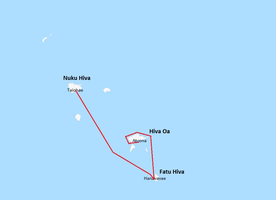 Karta som visar vår rutt i ögruppen Marquesas.