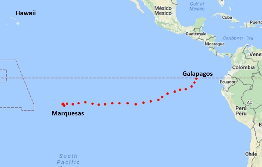 Karta som visar rutten till Marquesas